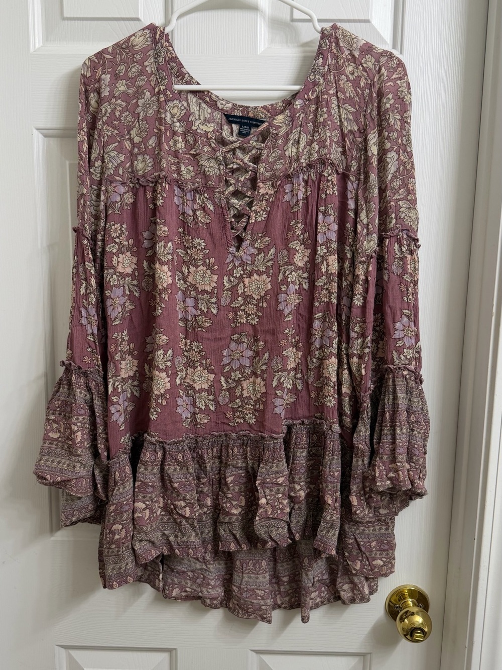 American Eagle Outfitters Mauve Floral Lace-Up Peasant Tunic